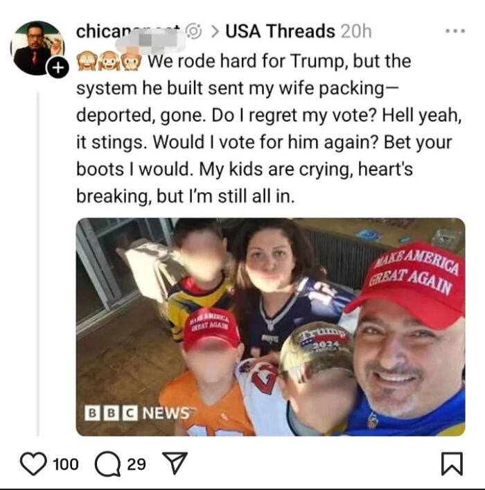 Social media post showing a family supporting Trump despite personal hardships, highlighting facepalm moments and absent basic logic.
