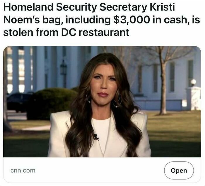 Homeland Security Secretary Kristi Noem in white jacket discussing stolen $3,000 cash bag in DC restaurant news headline.