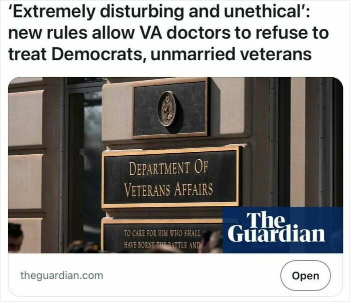 Photo of Department of Veterans Affairs building with headline about new VA doctors' rules on refusing treatment.