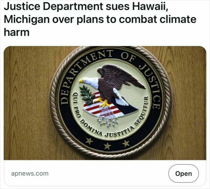 Justice Department emblem on wood background with headline about lawsuit on climate plans, satire headlines SEO keywords included.