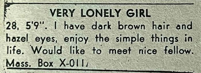 Handwritten personals ad titled very lonely girl describing a woman seeking romance with simple joys and physical details.