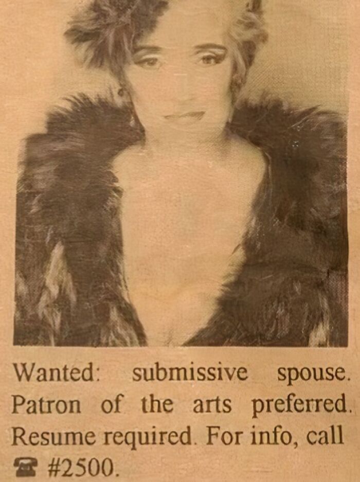 Vintage personals ad featuring a woman seeking a submissive spouse and patron of the arts, highlighting romance themes.