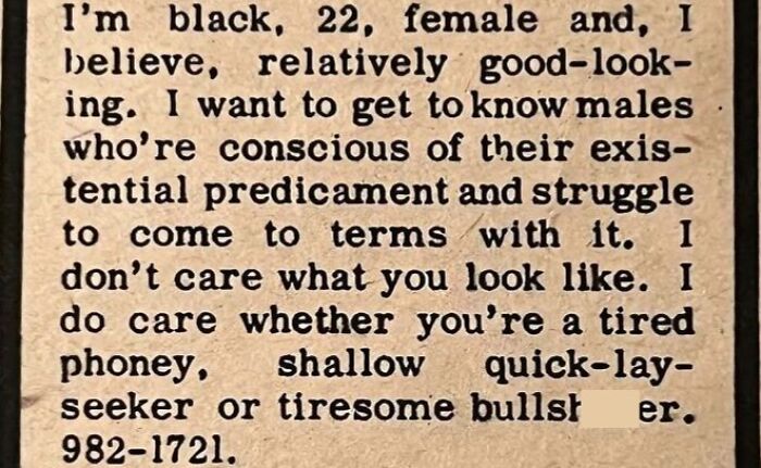 Vintage personal ad from a 22-year-old woman seeking meaningful romance and connection beyond appearances.