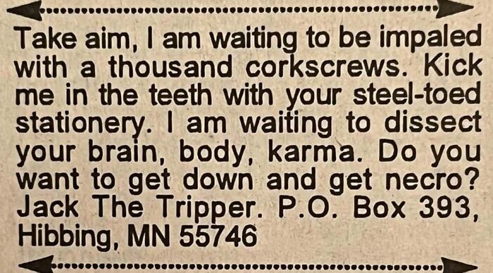 Vintage personals ad with dark humor and unusual requests reflecting unique expressions in personal ads history.
