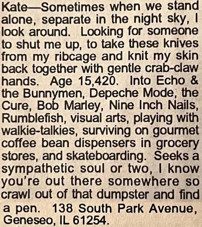 Vintage personals ad expressing desire for connection, mentioning music, art, skateboarding, and seeking a sympathetic soul.