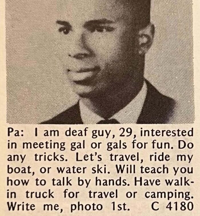 Black and white vintage personals ad from a deaf man seeking romance and travel companions in the personals column.