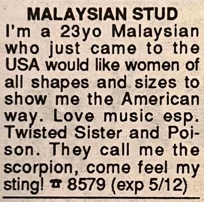Vintage personals ad from a Malaysian man seeking romance and connection in the USA, highlighting music interests and personality traits.