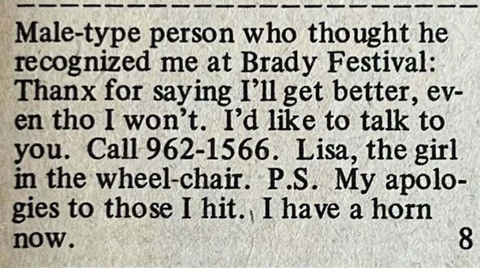 Vintage personals ad from a girl in a wheelchair seeking connection, illustrating timeless themes in romance ads.