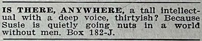A vintage personals ad seeking a tall intellectual with a deep voice, reflecting timeless themes of romance and connection.