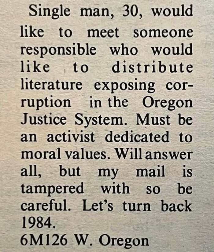 Vintage personals ad from a single man seeking activist partner for justice and moral values in Oregon.