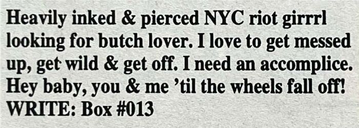 Vintage personals ad from NYC featuring a heavily inked riot girl looking for a butch lover and romance connection.