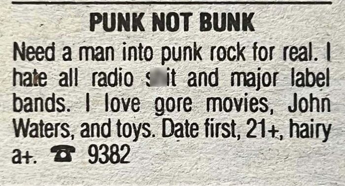 Vintage personals ad titled Punk Not Bunk seeking man into punk rock, highlighting unique romance and dating culture.