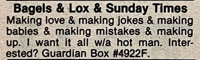Vintage personals ad text from a newspaper column expressing desire for romance and connection with a hot man.