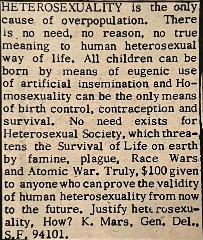 Vintage personals ad discussing heterosexuality and society, highlighting provocative views on romance and survival.