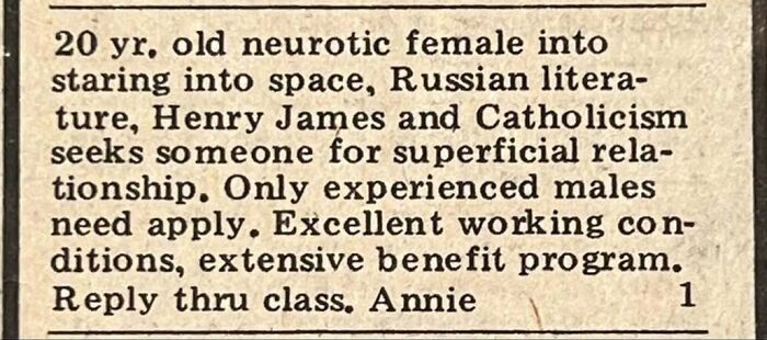 Vintage personals ad from a neurotic female seeking romance with experienced males, reflecting timeless personal ads.