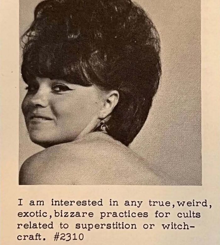 Black and white vintage photo of a woman with beehive hairstyle and a personals ad about cults and witchcraft.