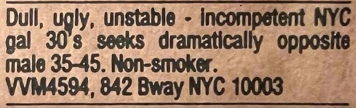 Vintage personals ad revealing raw, unfiltered desire for romance from an NYC woman in her 30s seeking a male partner.
