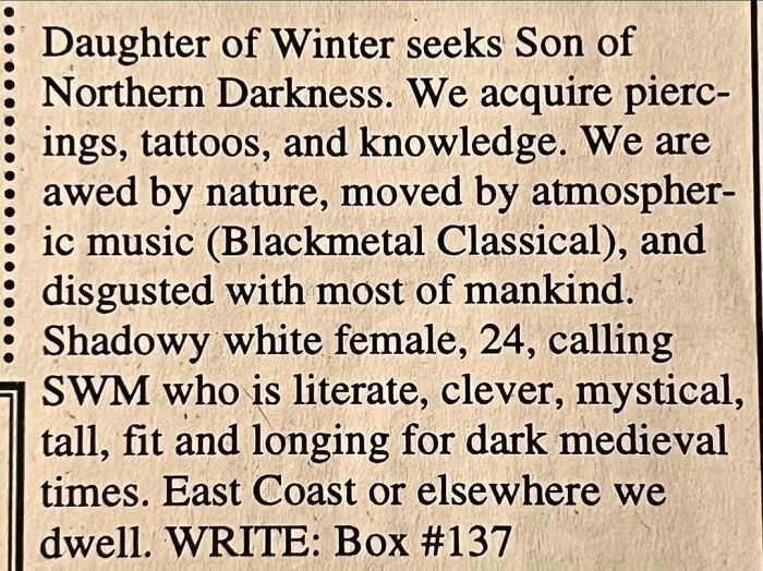 Vintage personals ad from an ex-nun seeking romance, highlighting dark medieval themes and personal qualities.