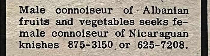 Vintage personals ad seeking female connoisseur of Nicaraguan knishes, highlighting unique romantic interests from old personals columns.