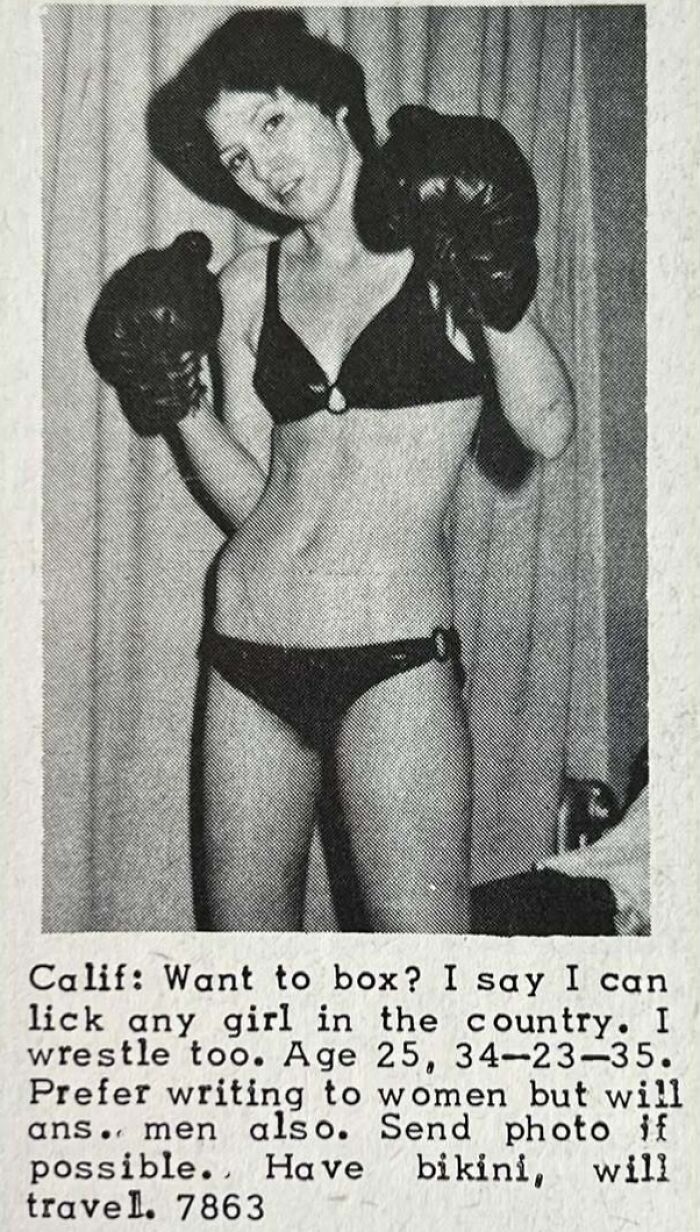 Woman in black bikini wearing boxing gloves posing for a vintage personals ad about romance and boxing.