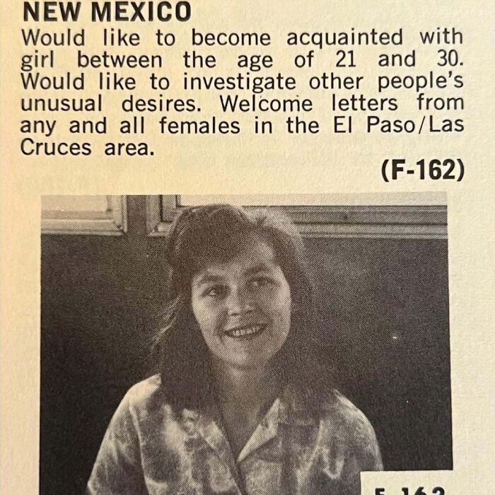 Vintage personals ad from New Mexico seeking romance with women aged 21 to 30, highlighting unique desires and connections.