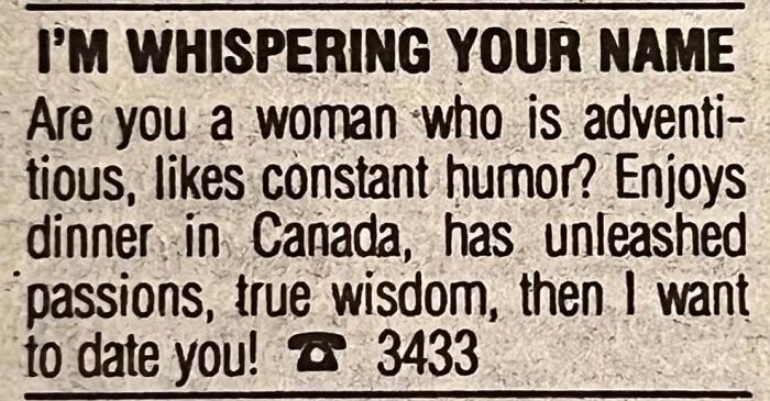 Vintage personals ad seeking adventurous woman for dating, highlighting humor, passions, and dining in Canada.
