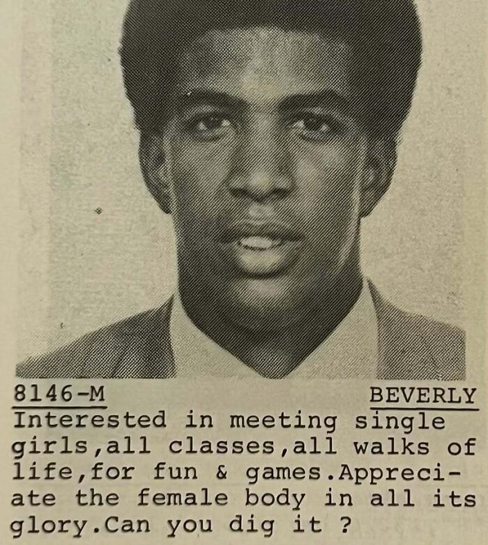 Black and white vintage personals ad featuring a man seeking single girls for fun and romance, reflecting classic personals.