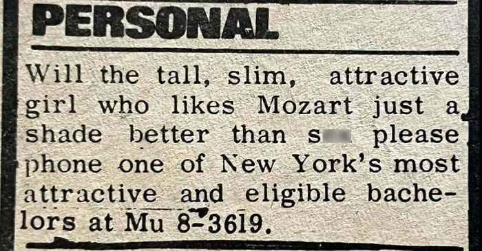 Vintage personals ad seeking tall, slim, attractive girl who likes Mozart, highlighting timeless romance in personal ads.