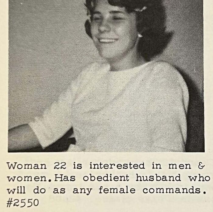 Black and white photo of a smiling woman from a vintage personals ad about romance and relationships.