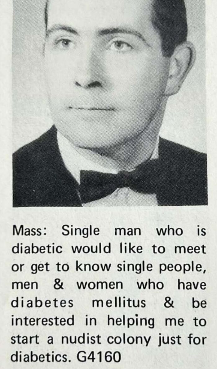 Black and white photo of a man in a bow tie with a personals ad seeking diabetic singles for a nudist colony.