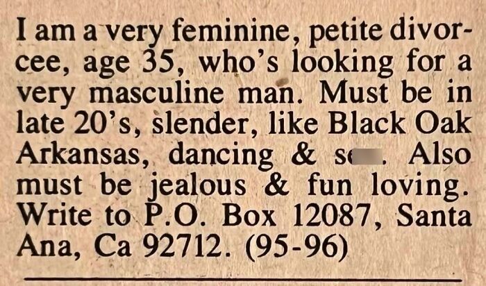 Vintage personals ad from a divorcée seeking a masculine man, illustrating timeless romance and dating desires.