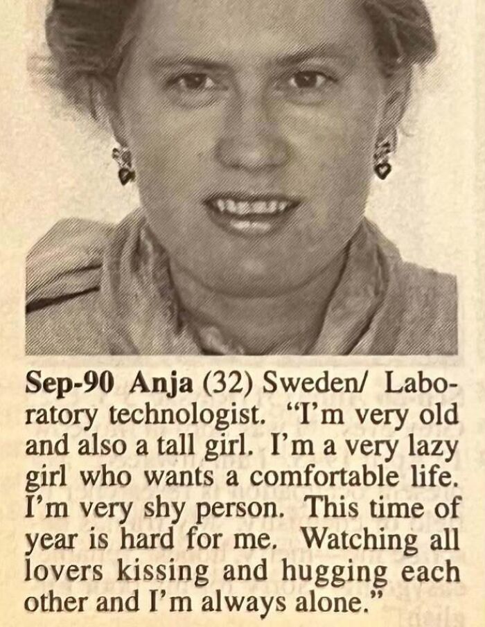 Black and white photo of a woman from a personal ad expressing shyness and longing for romance in a vintage personals column.