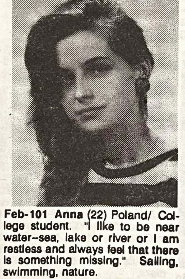 Black and white photo of a young woman in a vintage personal ad about romance and connection in nature.