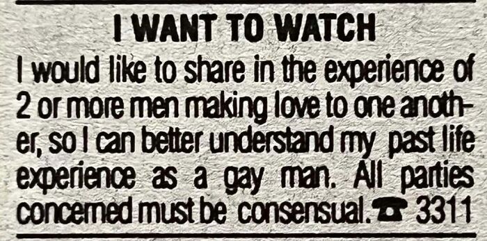 Vintage personals ad expressing desire to watch and understand experiences as a gay man, highlighting romance themes.