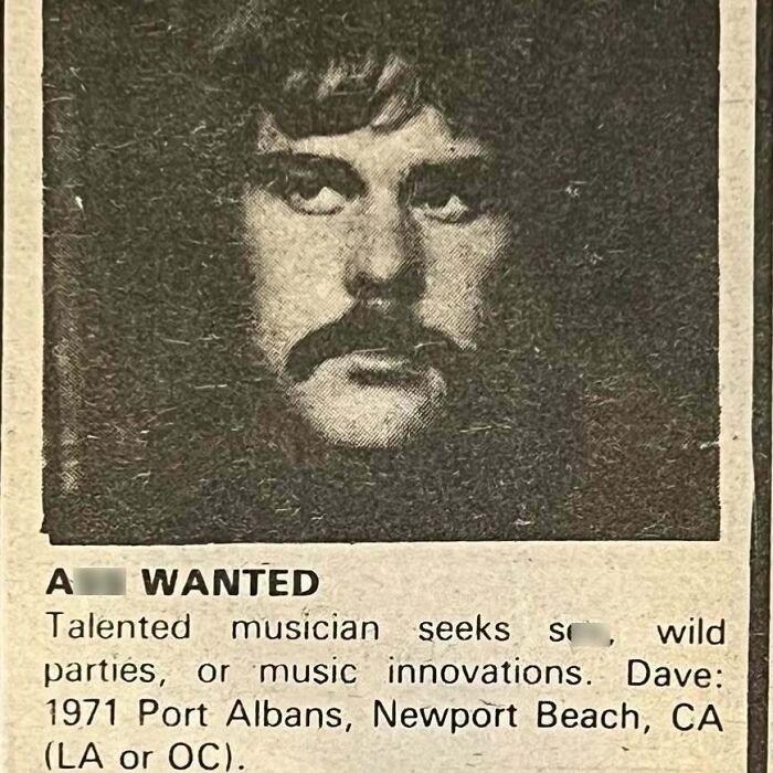 Black and white vintage personals ad featuring a man with a mustache seeking romance and music connections.