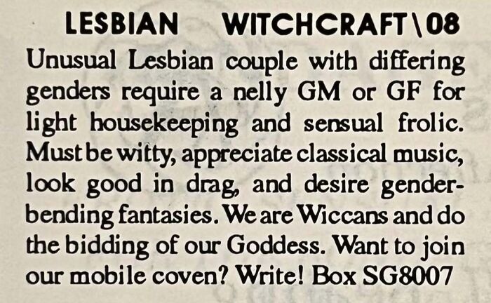 Vintage personals ad seeking witty partner for lesbian witchcraft couple, highlighting romance and unique gender-bending fantasies.