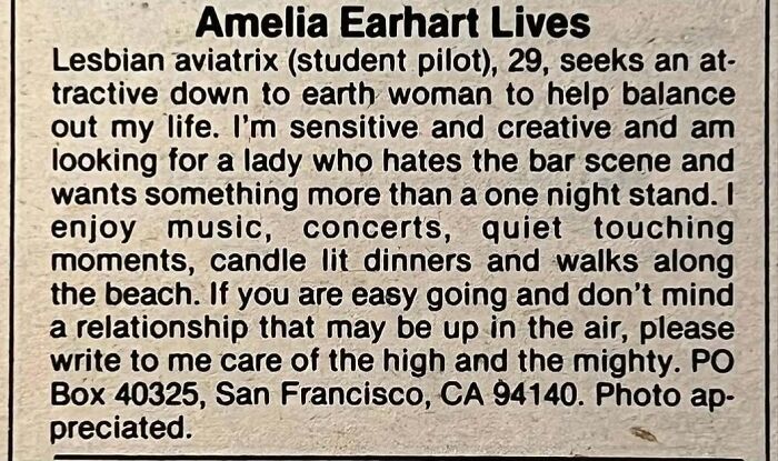 Vintage personals ad from a student pilot seeking romance, highlighting timeless themes in personal ads history.