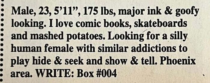 Personal ad from a 23-year-old male seeking romance, loving comics, skateboards, and playful companionship.