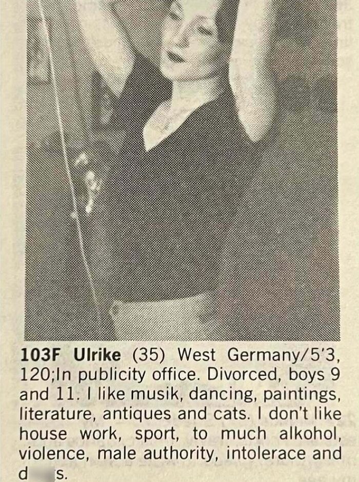 Vintage personals ad from West Germany featuring a divorced woman seeking romance, highlighting timeless desires and interests.