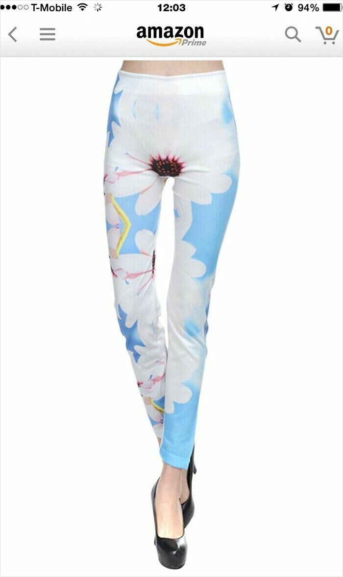 Leggings with a floral design placement fail, showing a flower centered awkwardly, highlighting design fails in fashion products.