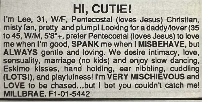 1980s personals ad from an ex-nun seeking romance, love, and intimacy with playful and mischievous qualities.