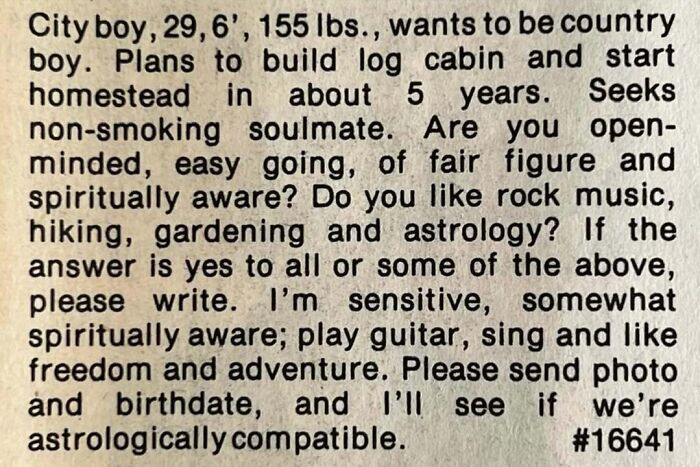 Vintage personals ad from an ex-nun seeking romance, highlighting soulmates and astrology compatibility.