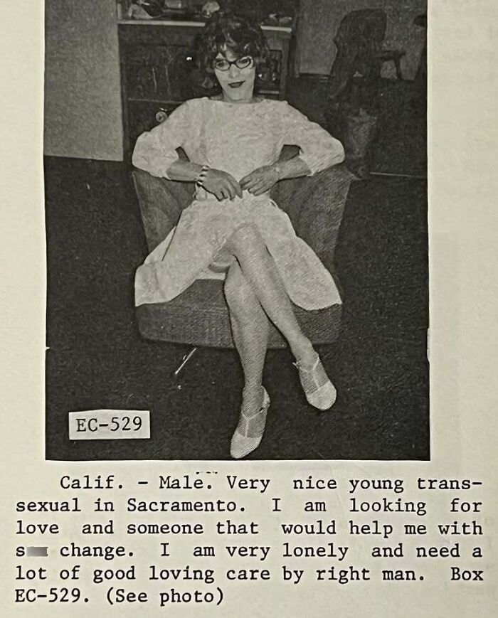 Vintage personals ad featuring a young transsexual in Sacramento seeking love and romance in a heartfelt appeal.