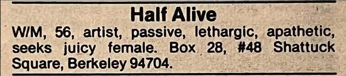 Vintage personals ad from an artist seeking romance, highlighting timeless themes in personal ads and human connection.