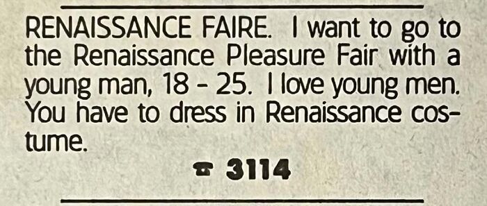 Vintage personals ad seeking young man to attend Renaissance Pleasure Faire in costume, highlighting old-fashioned romance.