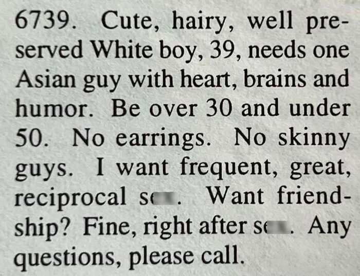 Personal ad from a vintage personals column seeking romance with specific preferences for companionship.