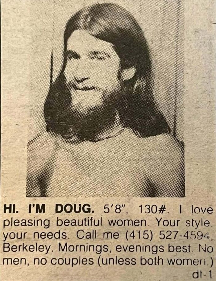 Vintage personals ad featuring a man named Doug seeking romance with beautiful women, highlighting nostalgic dating culture.