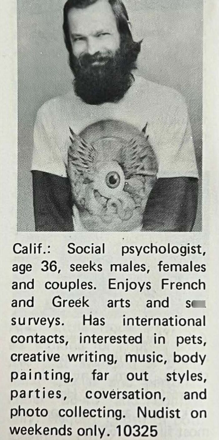 Black and white personal ad photo of a man with a beard, related to vintage personals and romance ads.