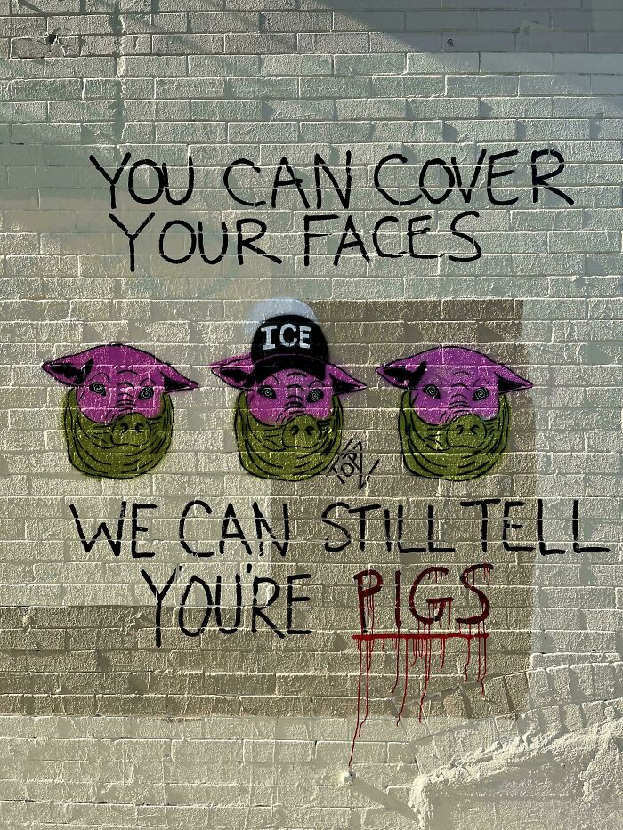Graffiti art showing three pig faces with one wearing an ICE hat, alongside a rebellious chaotic good message on a brick wall.