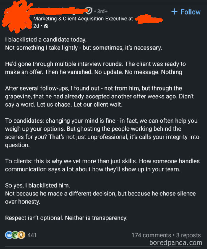 Screenshot of a LinkedIn post about unprofessional candidate behavior in job requirements that made people nope out quickly.